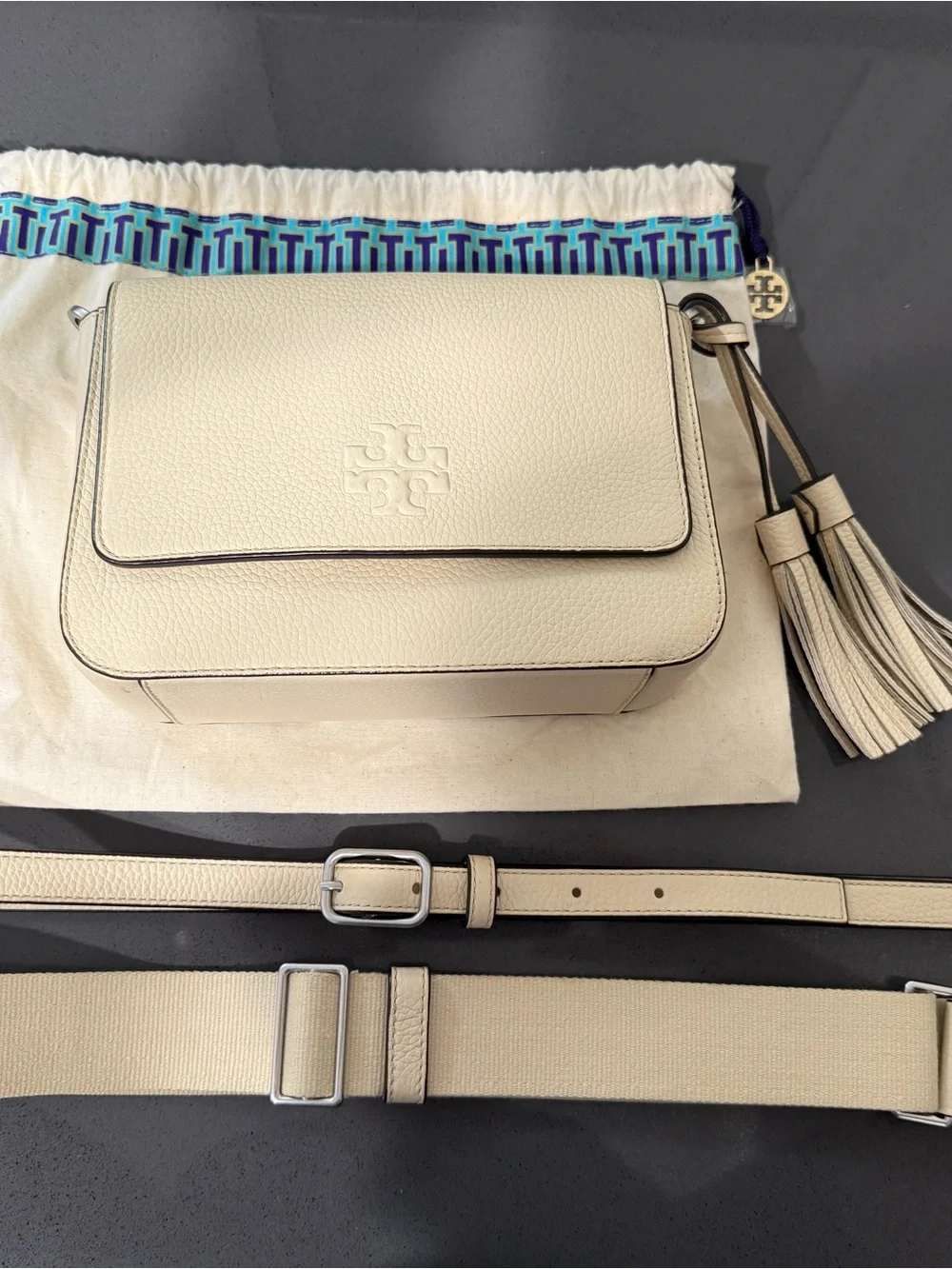 Tory Burch Cream Pebbled Leather Crossbody with Tassel(barely used)